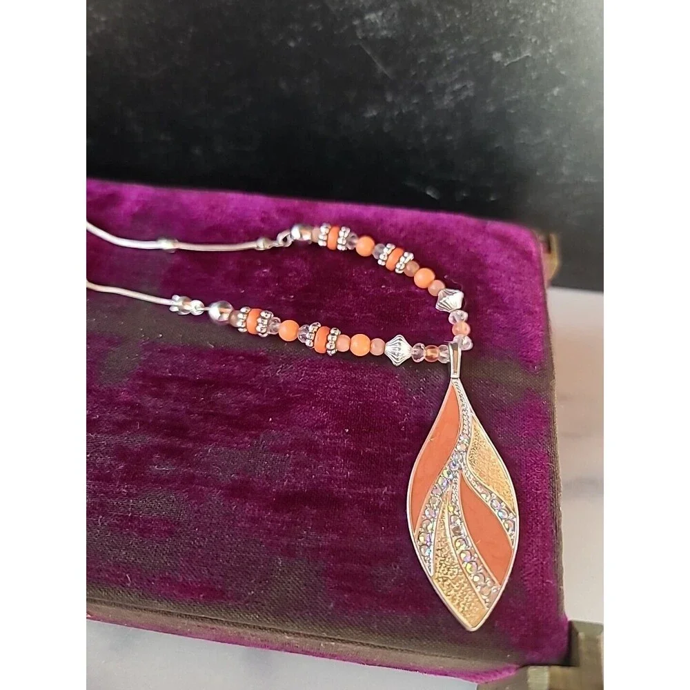 Salmon Enamel Rhinestone Beaded Leaf Pendant Adjustable Necklace